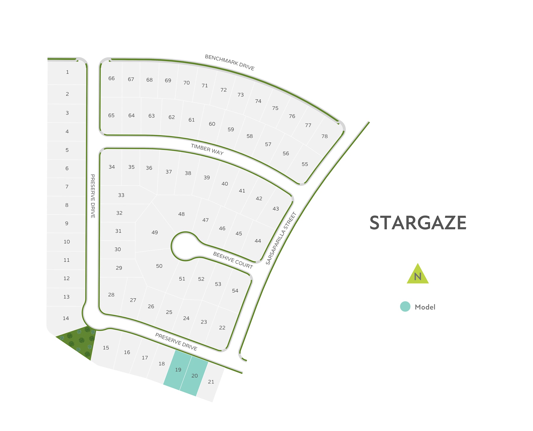 The image appears to be a map or layout of a campground or recreational area called "Stargaze", featuring various numbered sites or lots arranged in a fan-like pattern, with a legend indicating the presence of a hotel or other facility.