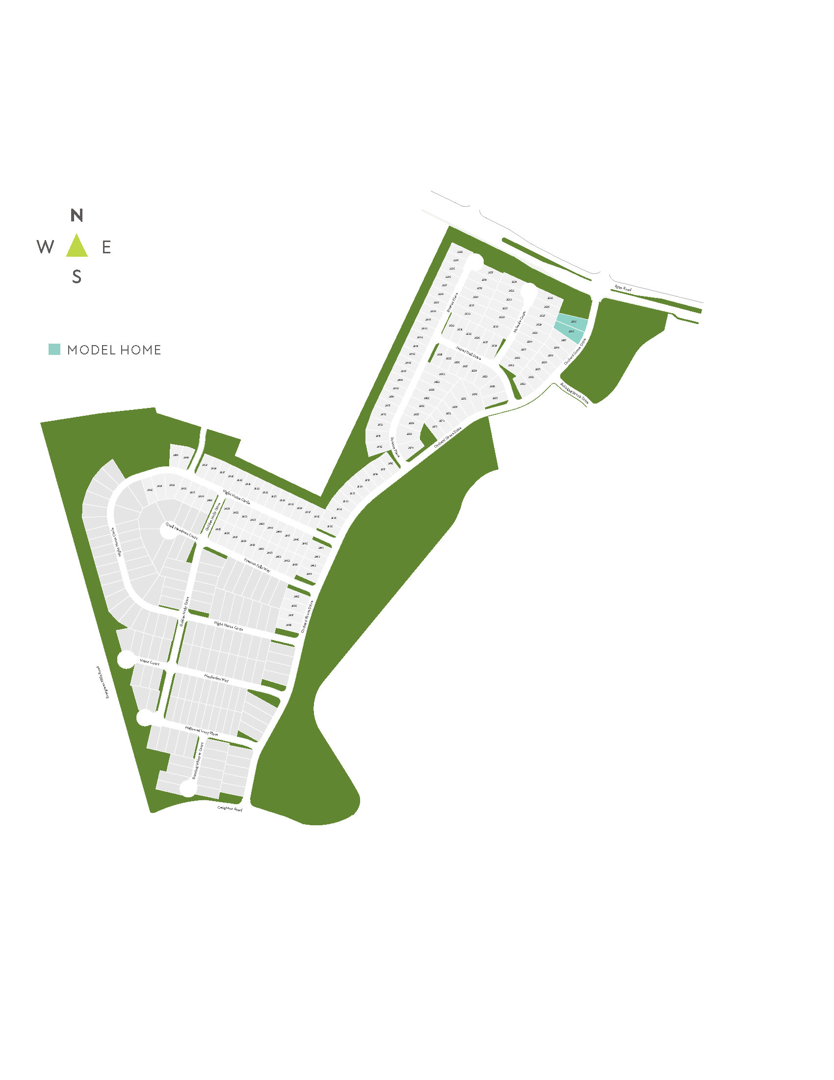 The image appears to be a map or layout of a residential area, with green spaces and buildings arranged in a complex, angular pattern.