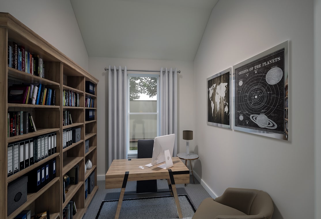 A cozy home office with a large bookshelf, a wooden desk, and a framed poster depicting the solar system on the wall.