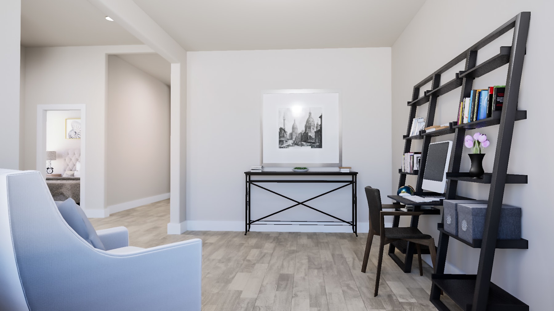 A modern and minimalist home office space with a white wall, a black shelving unit, and a blue armchair in the foreground.