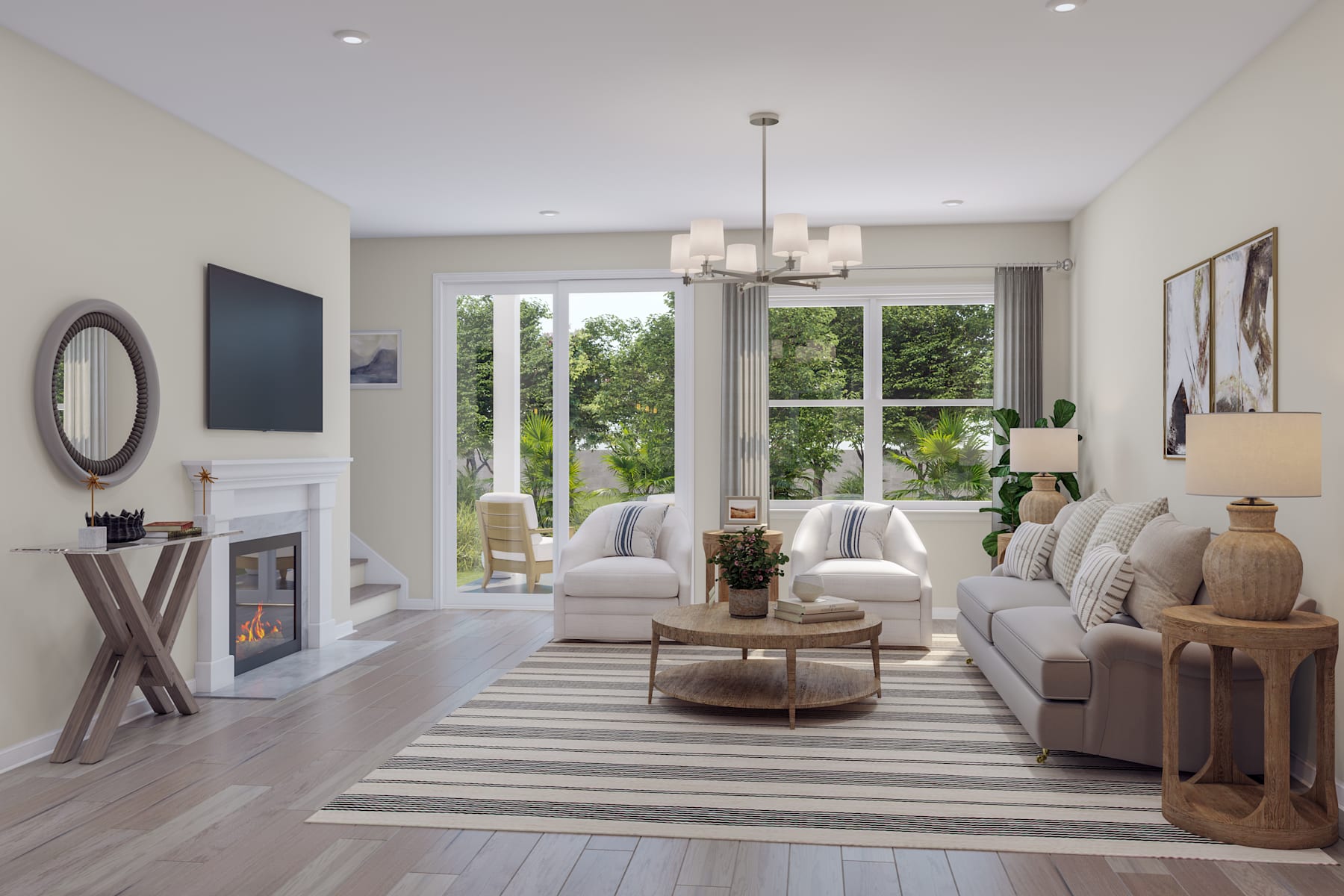 A cozy and inviting living room with a fireplace, plush sofas, and a striped rug, surrounded by large windows that offer a view of the lush greenery outside.