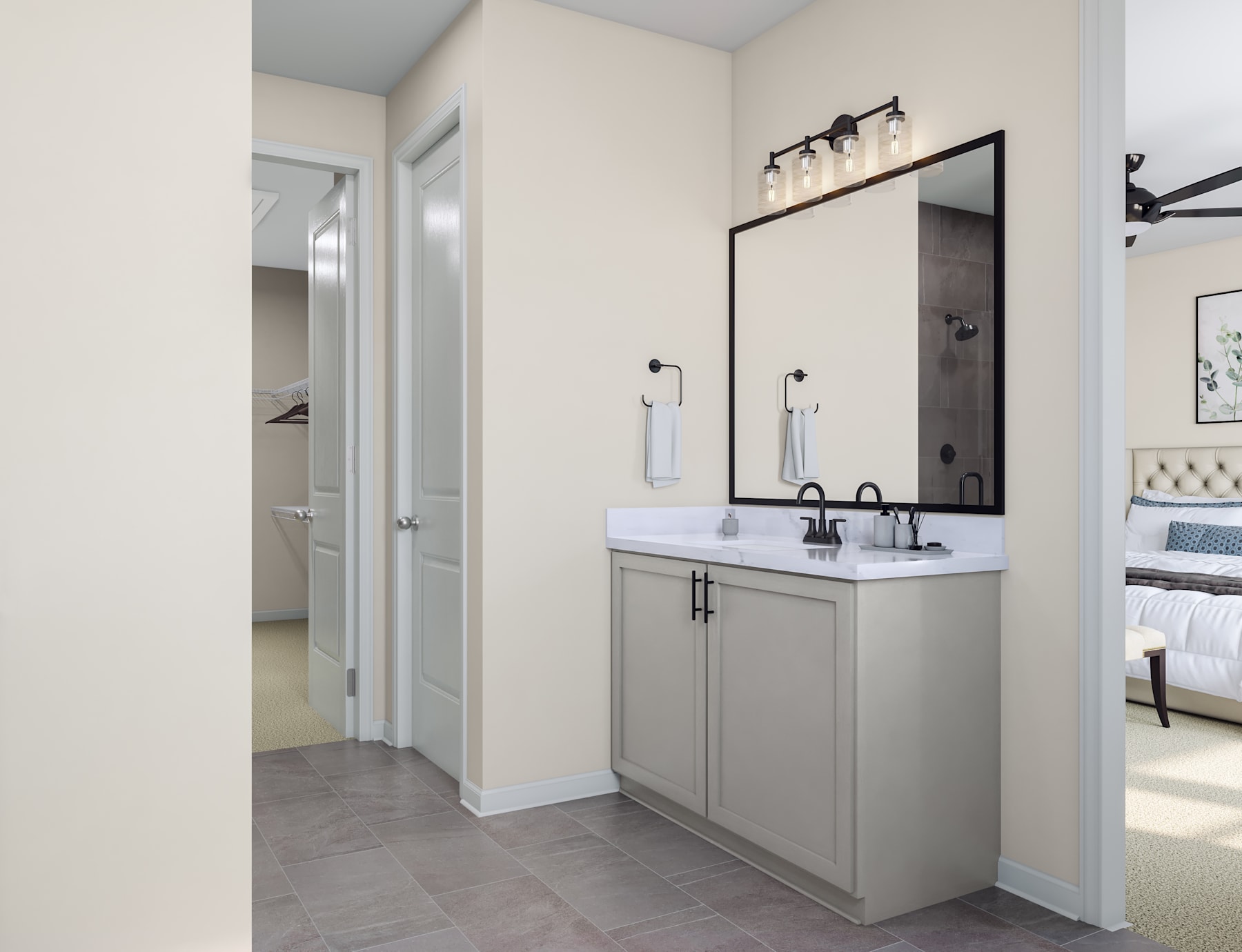 A modern and minimalist bathroom with a gray vanity, a large mirror, and a track lighting fixture above it, set against a neutral-colored wall and floor.