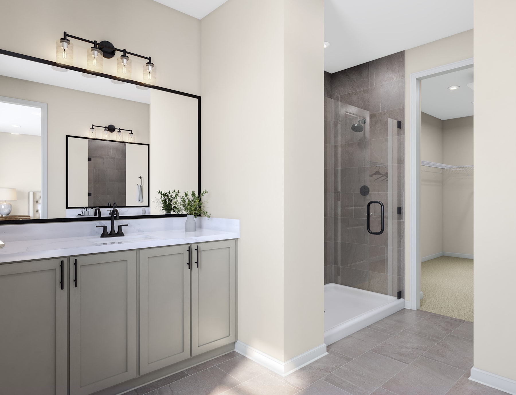 A modern bathroom with a vanity, mirror, and shower visible, featuring a neutral color scheme and clean, minimalist design.