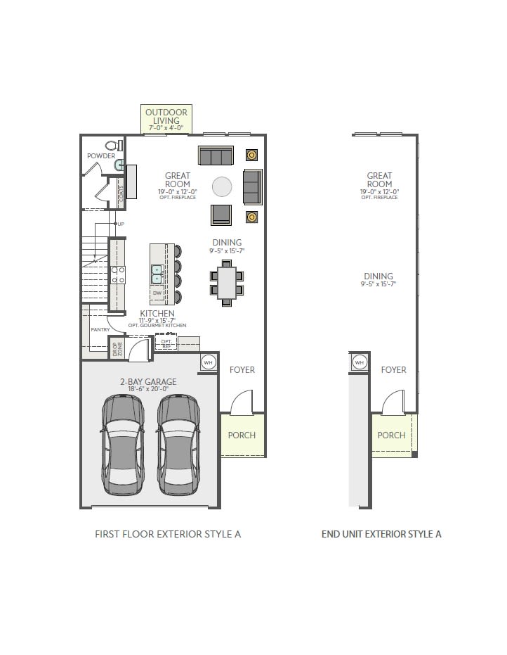 The image appears to be a floor plan or layout of a residential property, showing the first floor exterior style A and the end unit exterior style A. The plan includes details such as the garage, living spaces, and other rooms within the home.