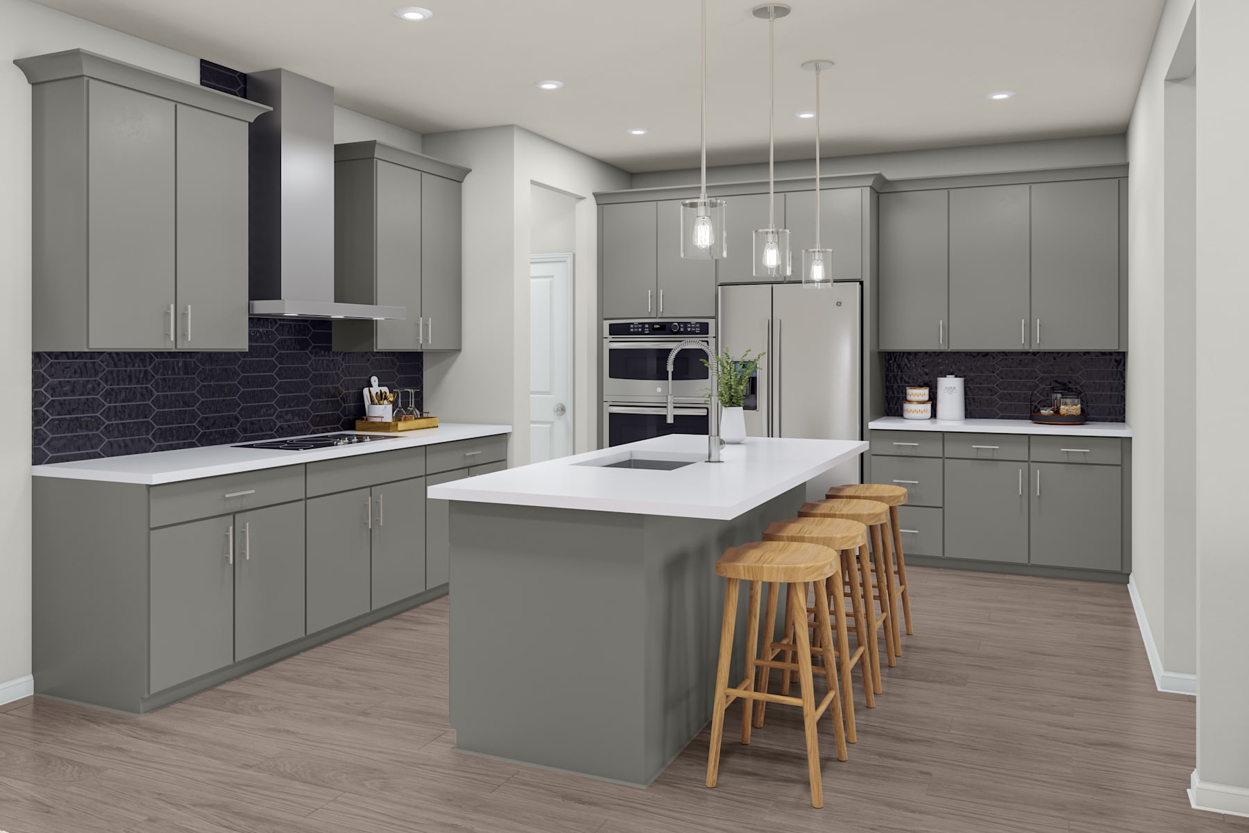 A modern, gray-toned kitchen with a central island, pendant lighting, and a black tile backsplash, set against a light-colored hardwood floor.