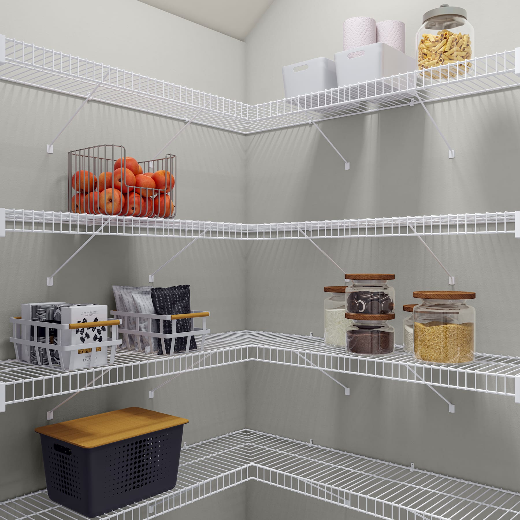 A well-organized pantry with various storage containers, shelves, and other organizational items neatly arranged on the shelves.