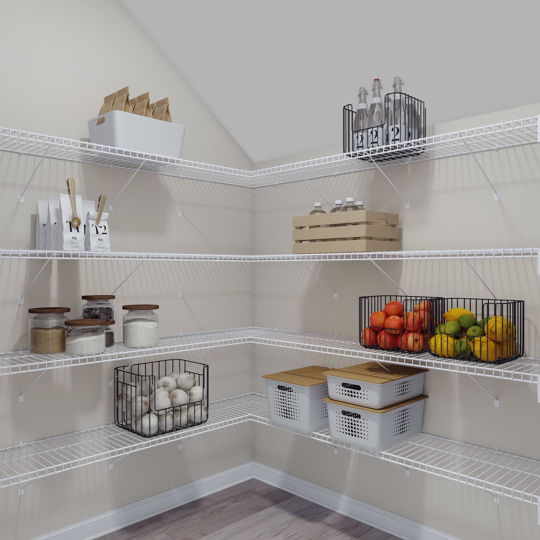 A well-organized and tidy pantry with various storage containers, shelves, and a wire basket filled with fresh produce.