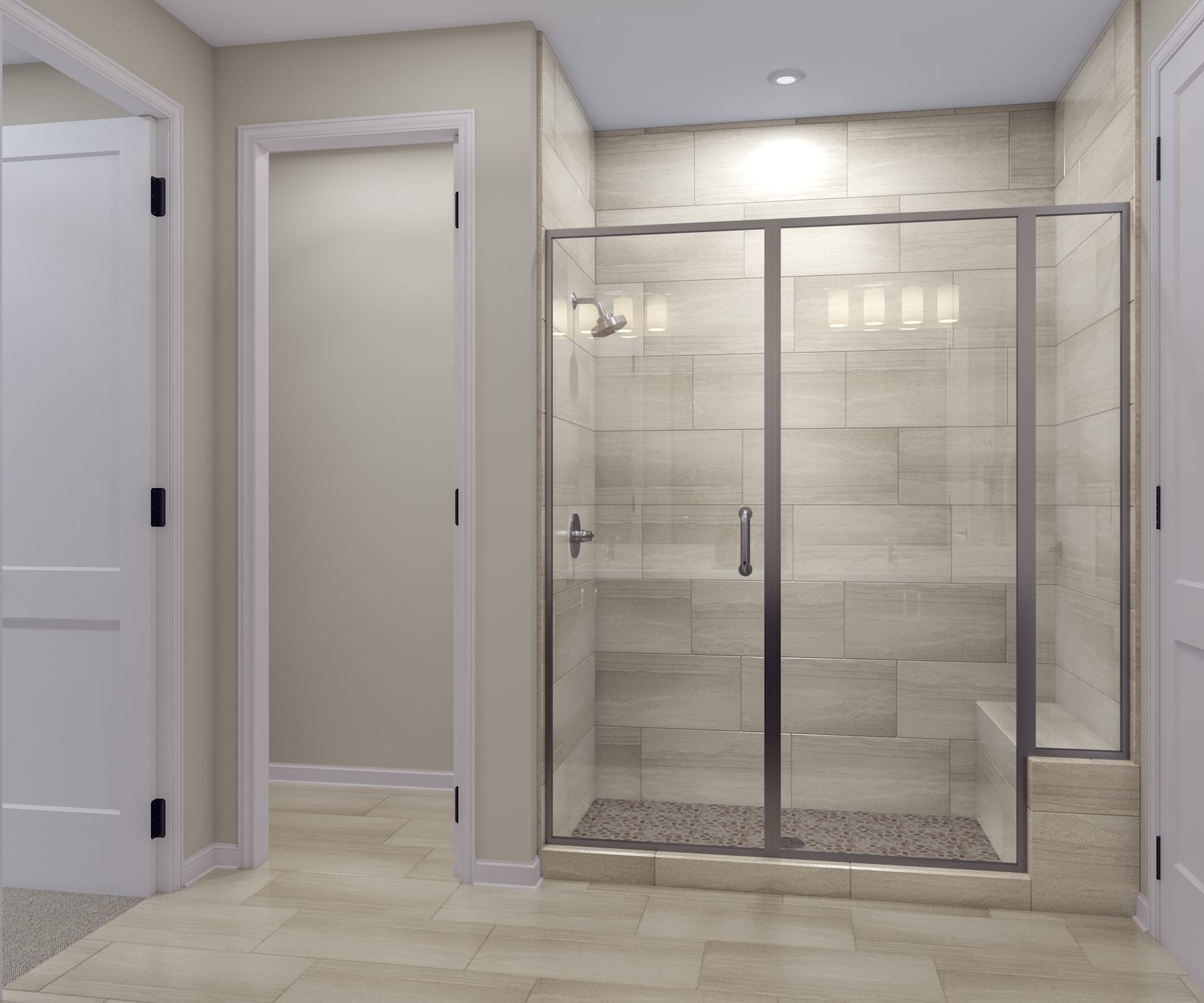 A modern and spacious bathroom with a large glass-enclosed shower, tiled walls, and recessed lighting fixtures.