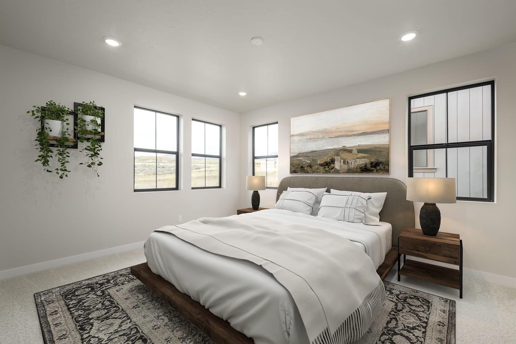 A cozy and well-designed bedroom with large windows, a plush bed, and decorative elements like plants and artwork, creating a serene and inviting atmosphere.