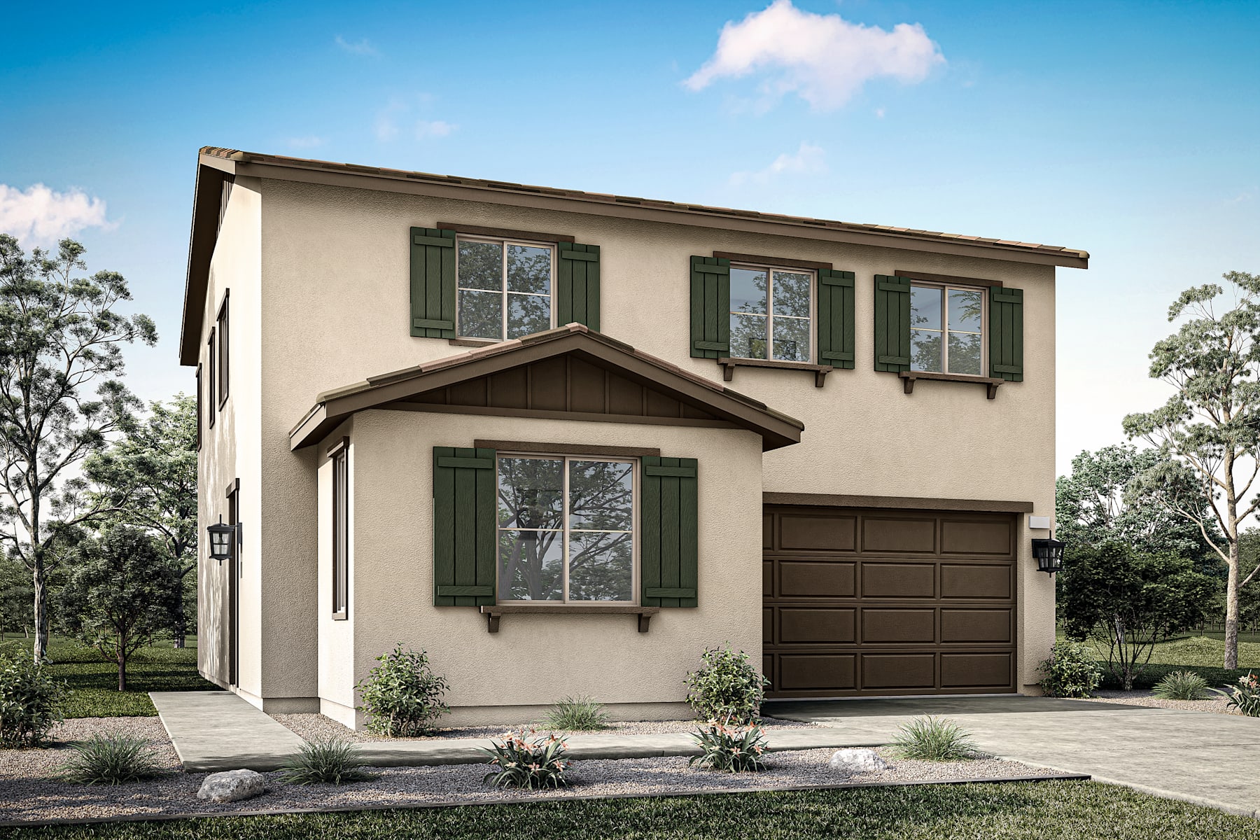 A two-story beige house with a brown garage door, surrounded by trees and a grassy yard, set against a blue sky with a few clouds.