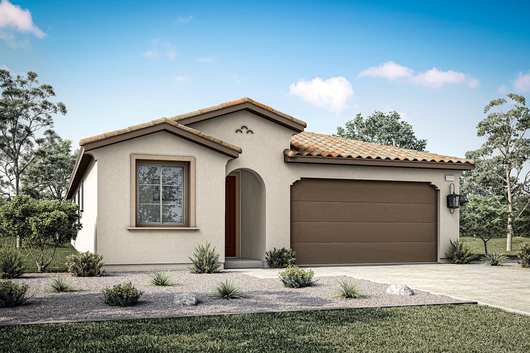 A single-story, stucco-clad house with a tiled roof sits on a grassy lawn, surrounded by trees and shrubs in a scenic outdoor setting.