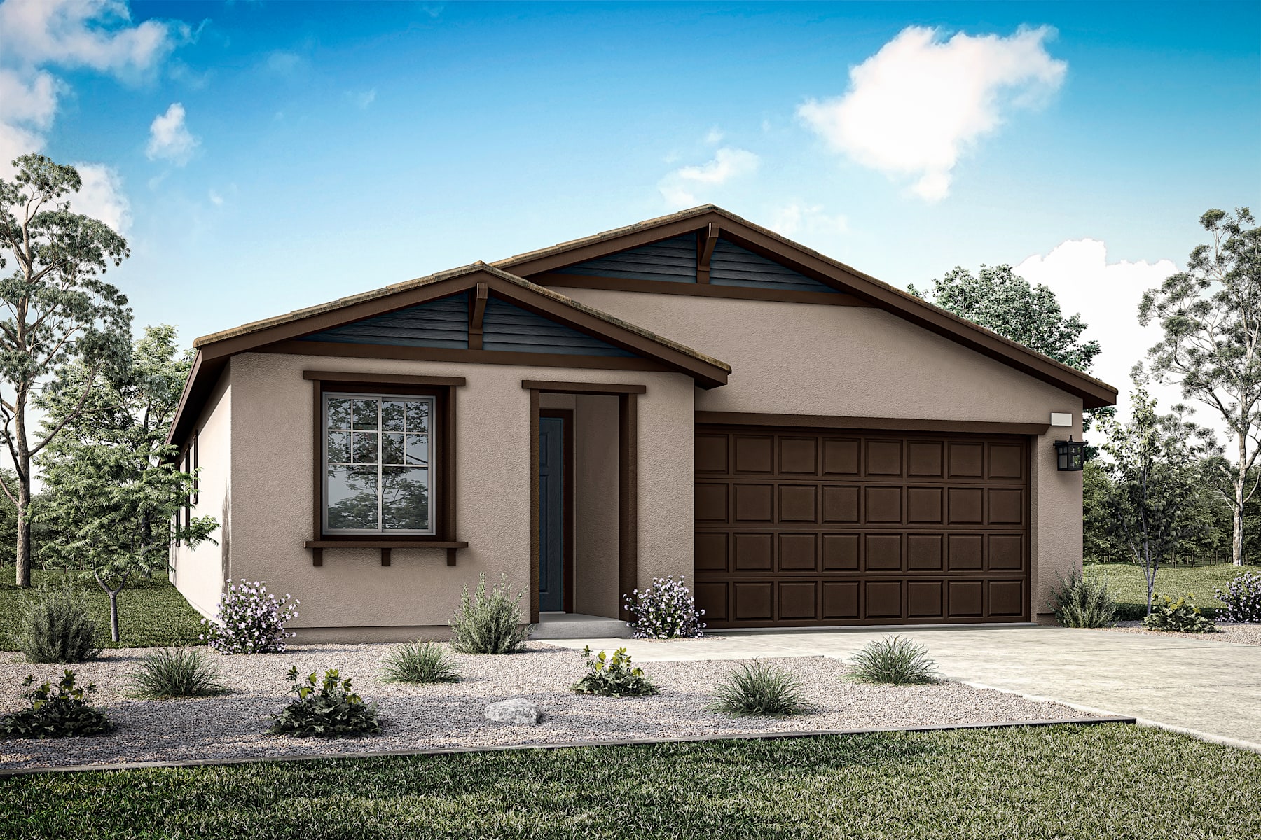 A single-story, beige-colored house with a brown roof and a garage door stands in a grassy yard surrounded by trees against a blue sky with fluffy white clouds.