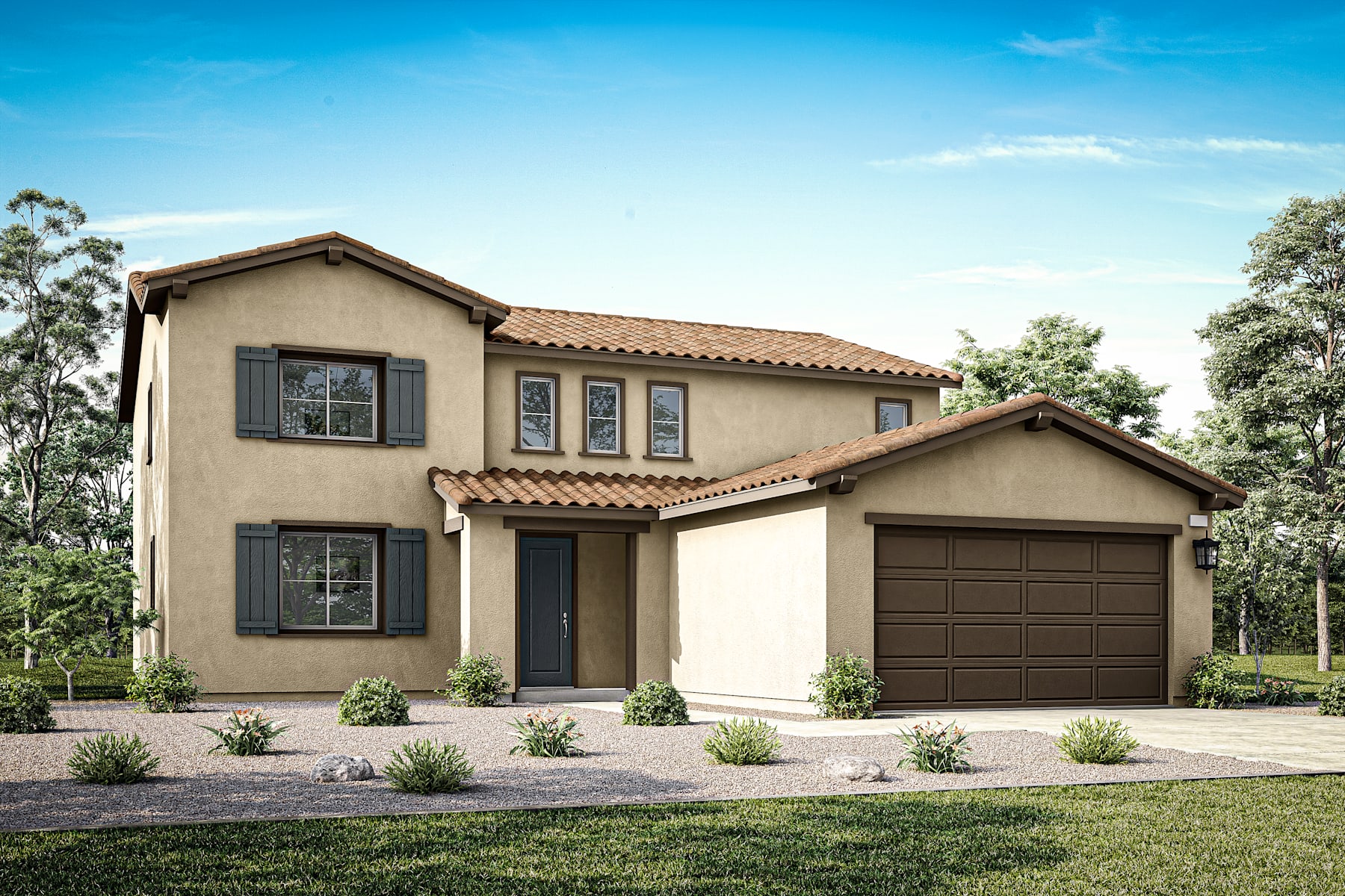 A two-story Mediterranean-style house with a tiled roof, surrounded by lush greenery and a clear blue sky in the background.