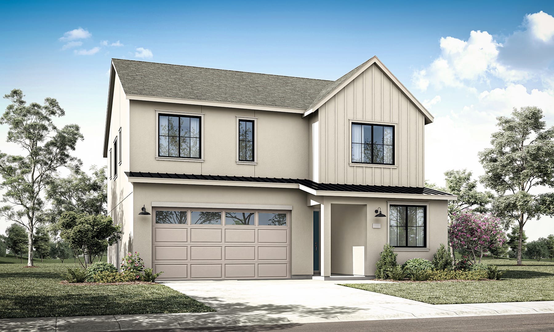 A two-story beige house with a gabled roof and a garage door stands in a grassy yard surrounded by trees.