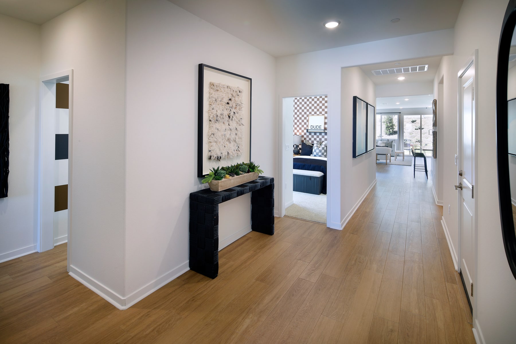 A modern and minimalist hallway with white walls, wooden floors, and a black console table displaying decorative elements.