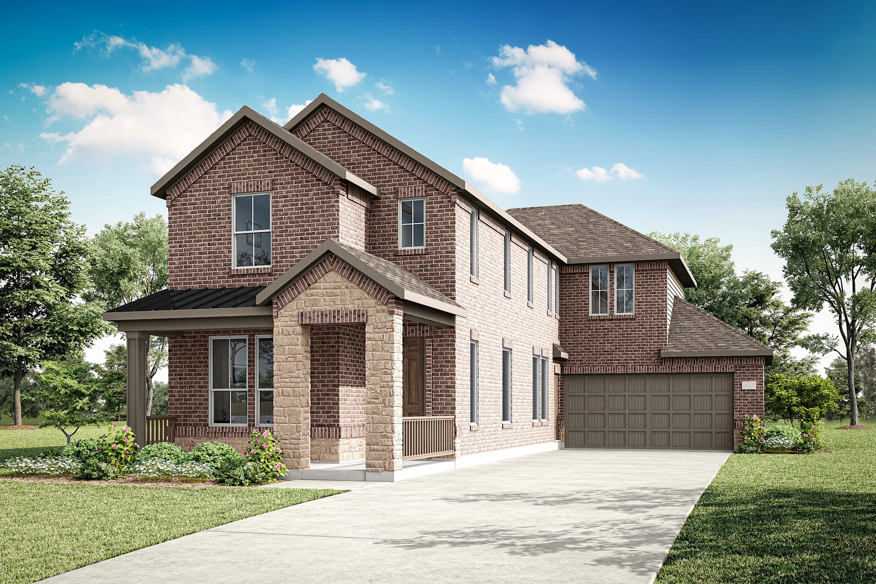 A two-story brick house with a garage, surrounded by lush greenery and a clear blue sky with fluffy white clouds.