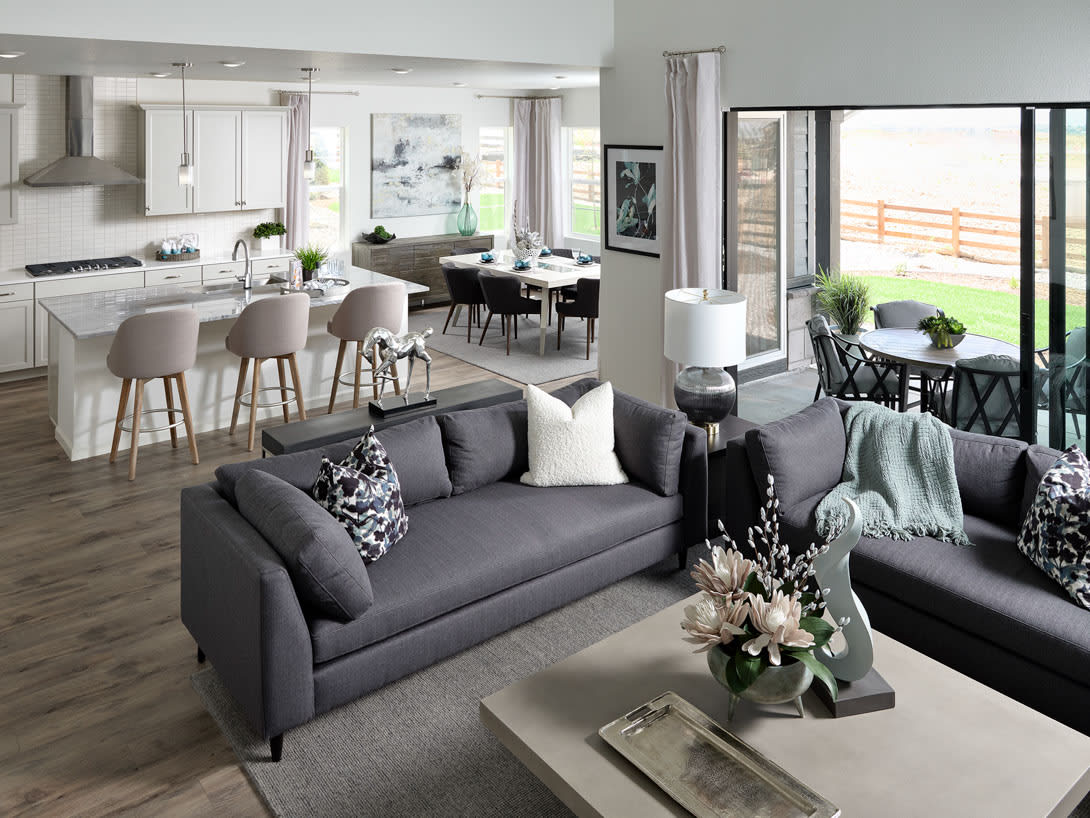 A modern and open-concept living space with a gray sofa, a dining area, and a kitchen visible in the background, all featuring a clean and minimalist design.