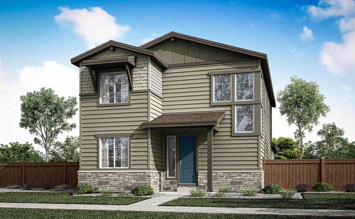A two-story residential house with a wooden exterior, stone accents, and a blue front door, surrounded by trees and a wooden fence in the foreground.
