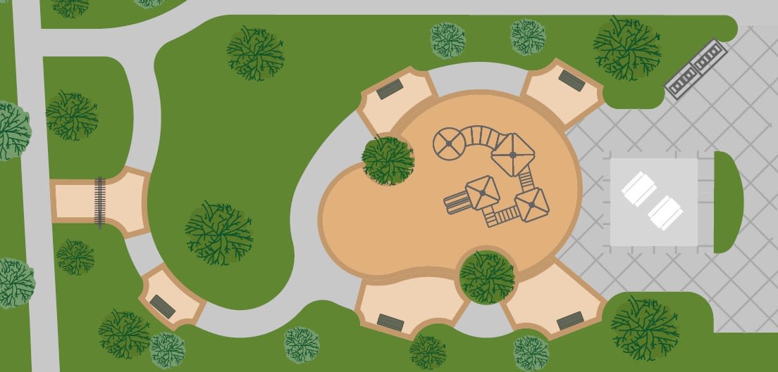 A whimsical illustration depicting a large, round, beige structure surrounded by lush green vegetation and trees, with various architectural elements and symbols adorning its surface.