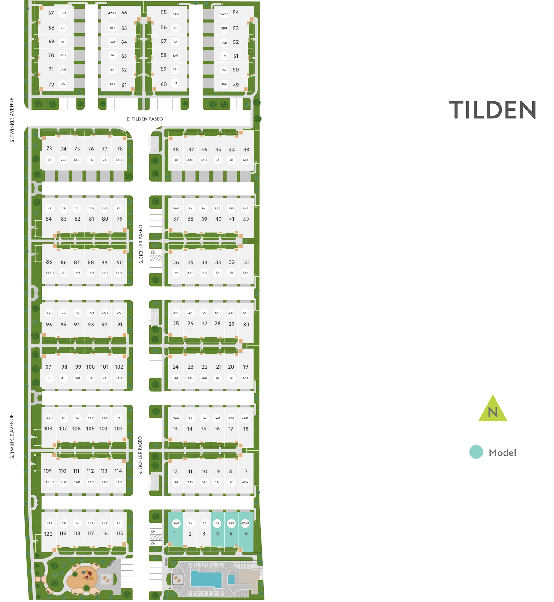 The image appears to be a site plan or layout for a residential development called "Tilden". It shows a grid of rectangular plots or lots, with green spaces and amenities such as a pool or clubhouse visible in the background.