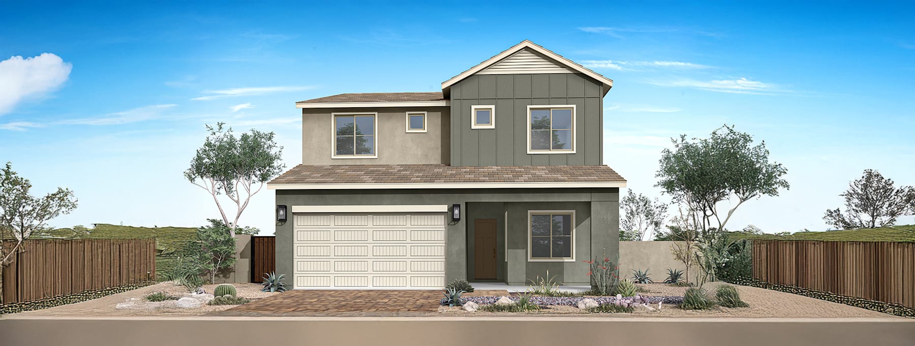 A two-story residential house with a garage, surrounded by landscaping and a fence, set against a clear blue sky.