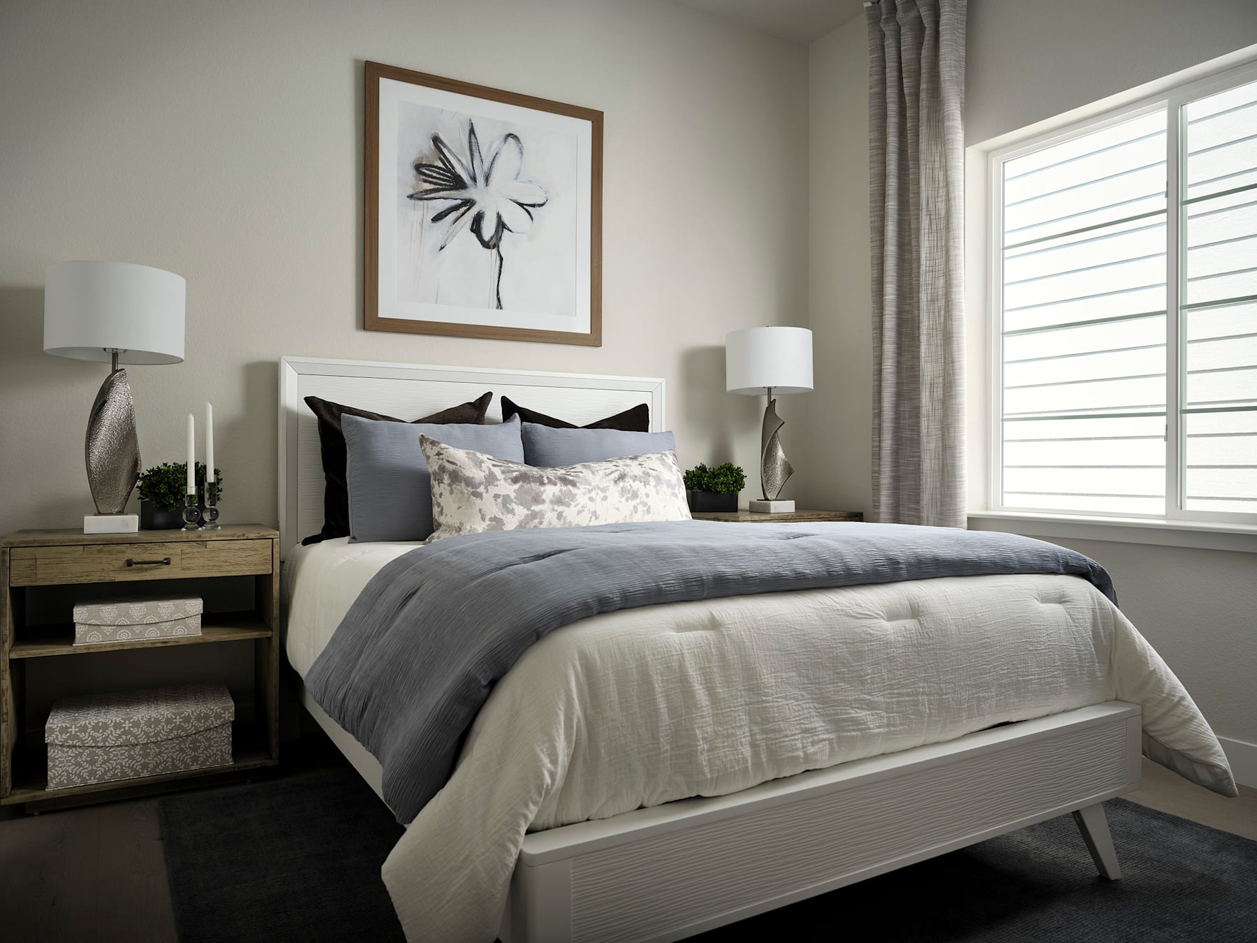 A cozy and well-designed bedroom with a large bed, nightstands, and a framed artwork on the wall, set against a neutral color palette and natural lighting from the window.