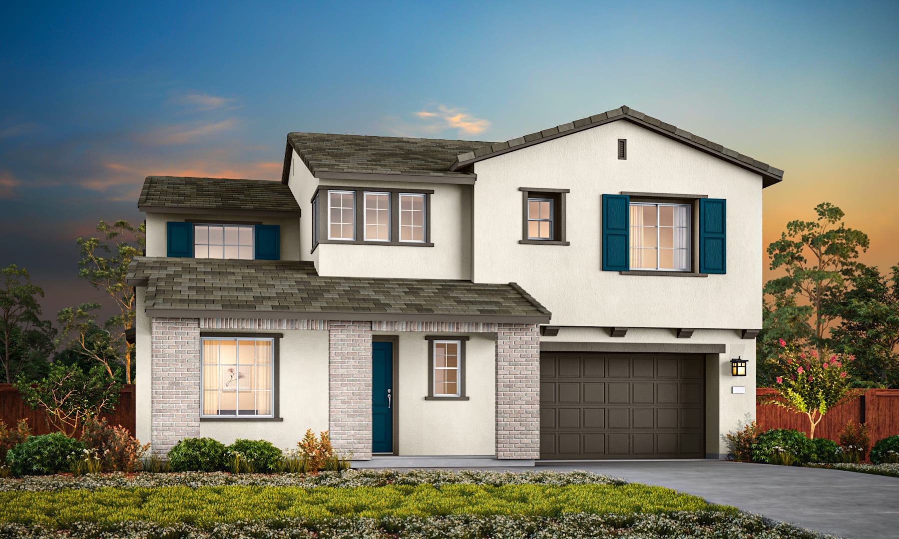 A two-story white house with a garage, surrounded by lush greenery and a vibrant sky in the background.