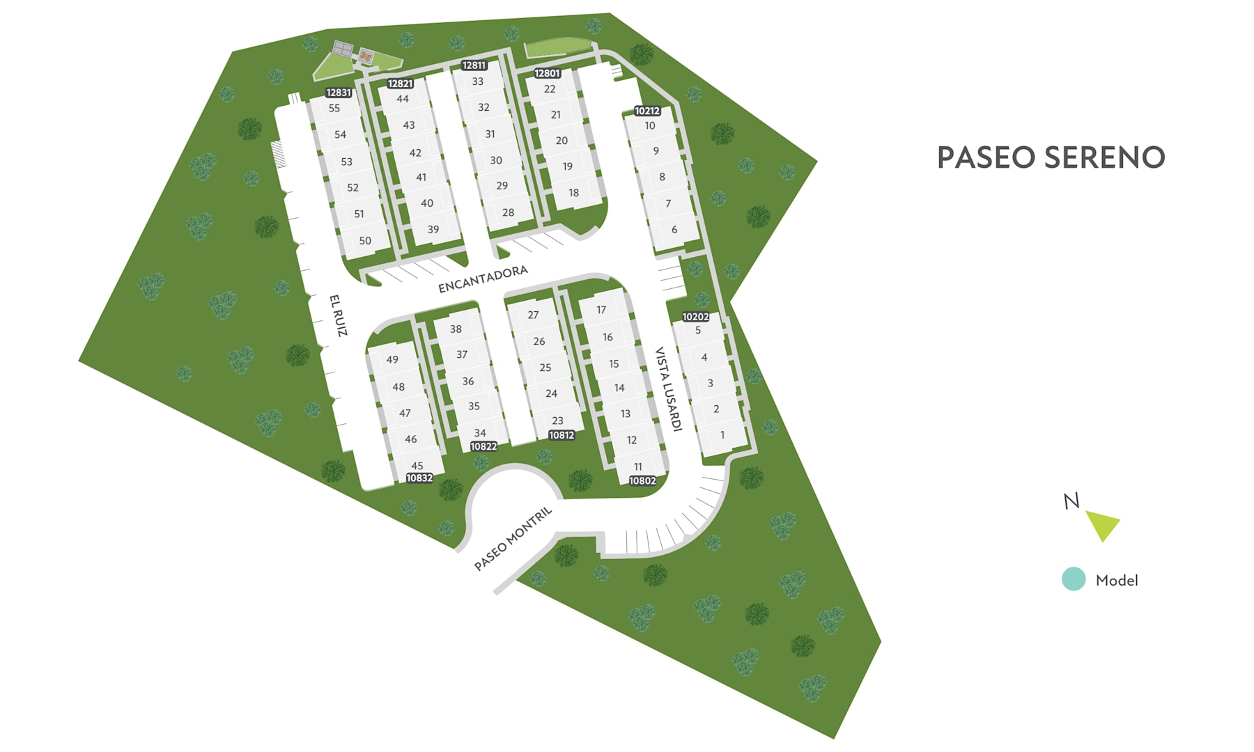 The image appears to be a site plan or layout of a residential development called "Paseo Sereno", featuring a series of white rectangular structures arranged in a grid-like pattern on a green, grassy background.
