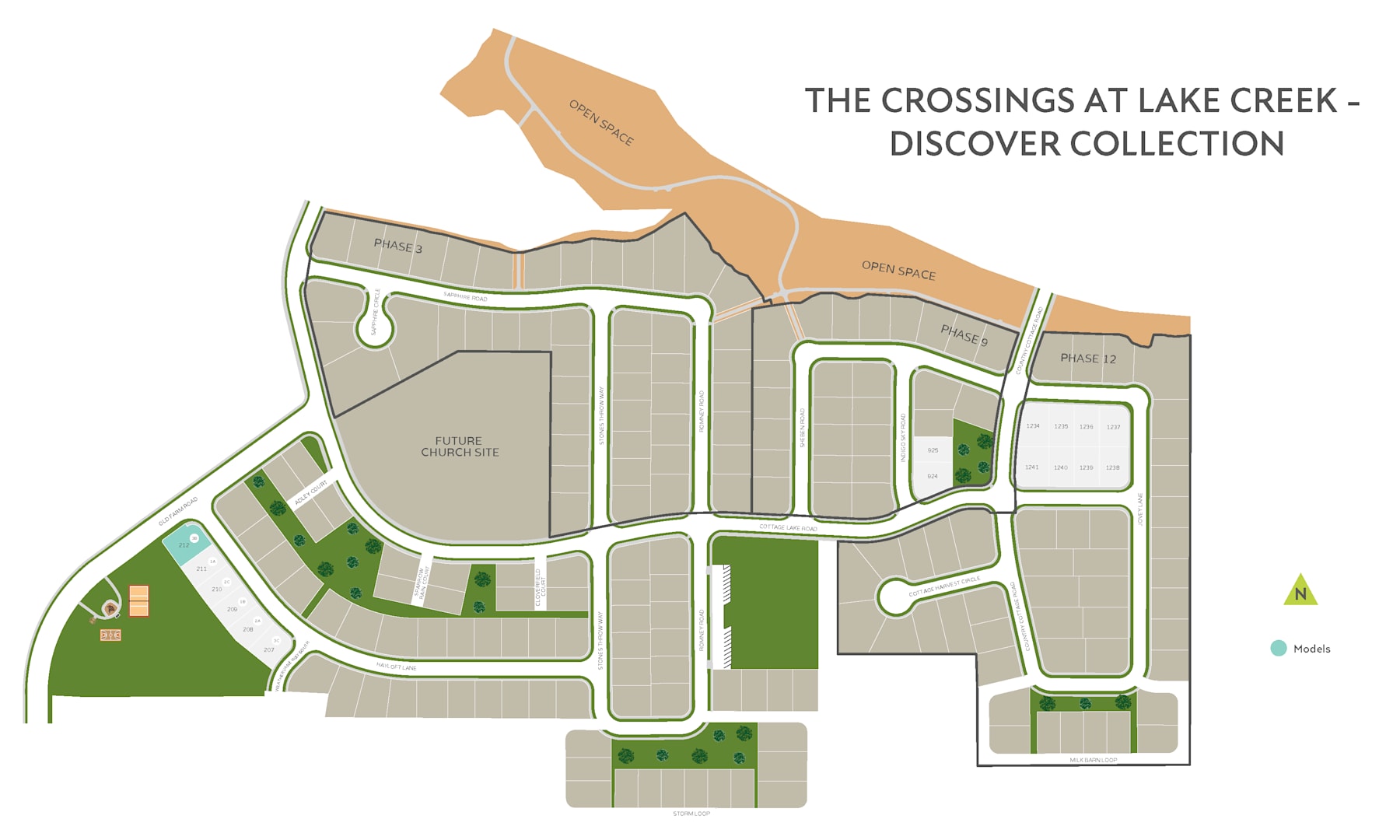 The image is a map of a residential development called "The Crossings at Lake Creek - Discover Collection", showcasing the layout of the various buildings, roads, and green spaces within the community.