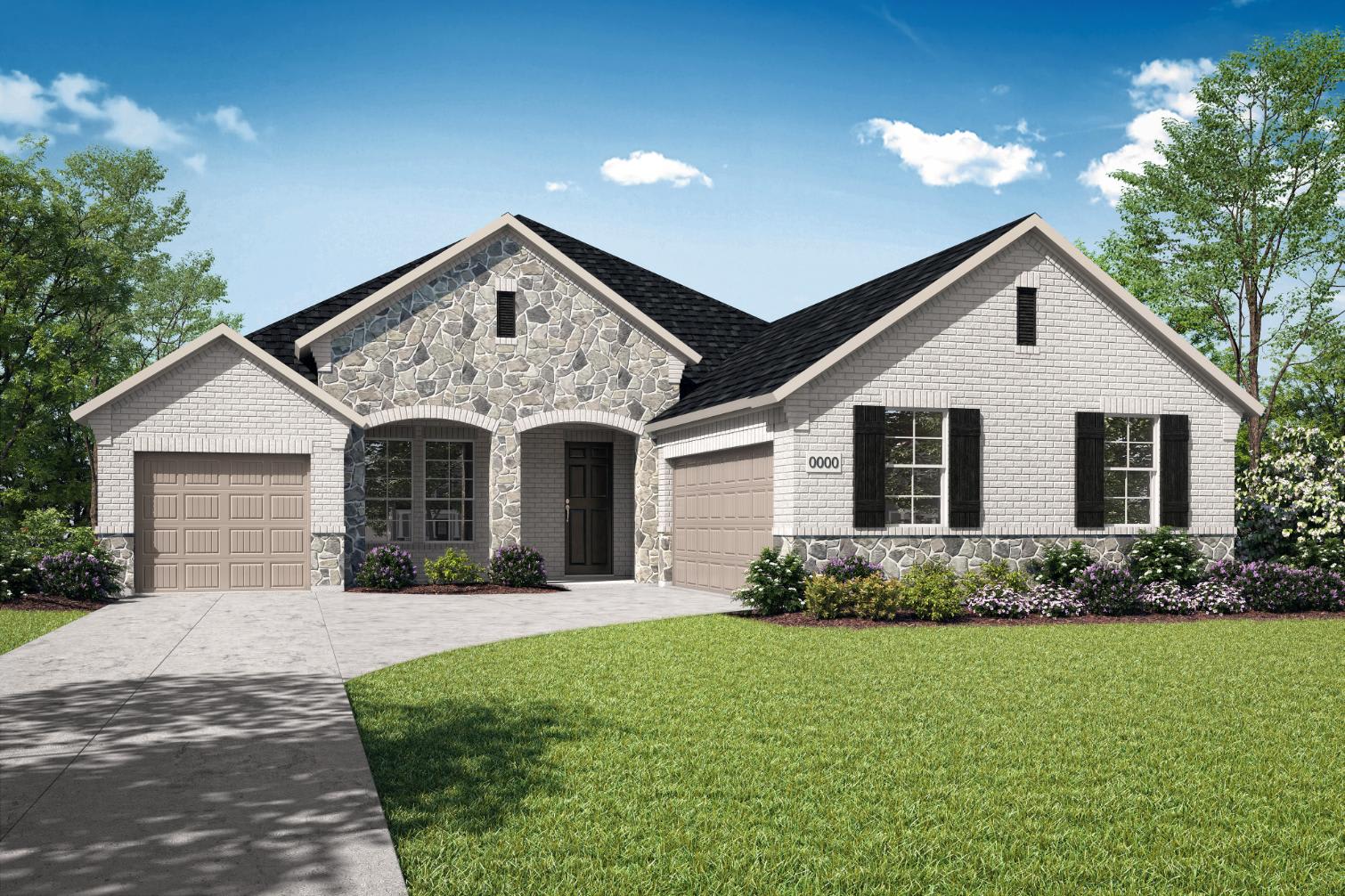A well-designed two-story house with a stone and siding exterior, a black roof, and a paved driveway leading to a garage, set against a backdrop of lush greenery and a clear blue sky.