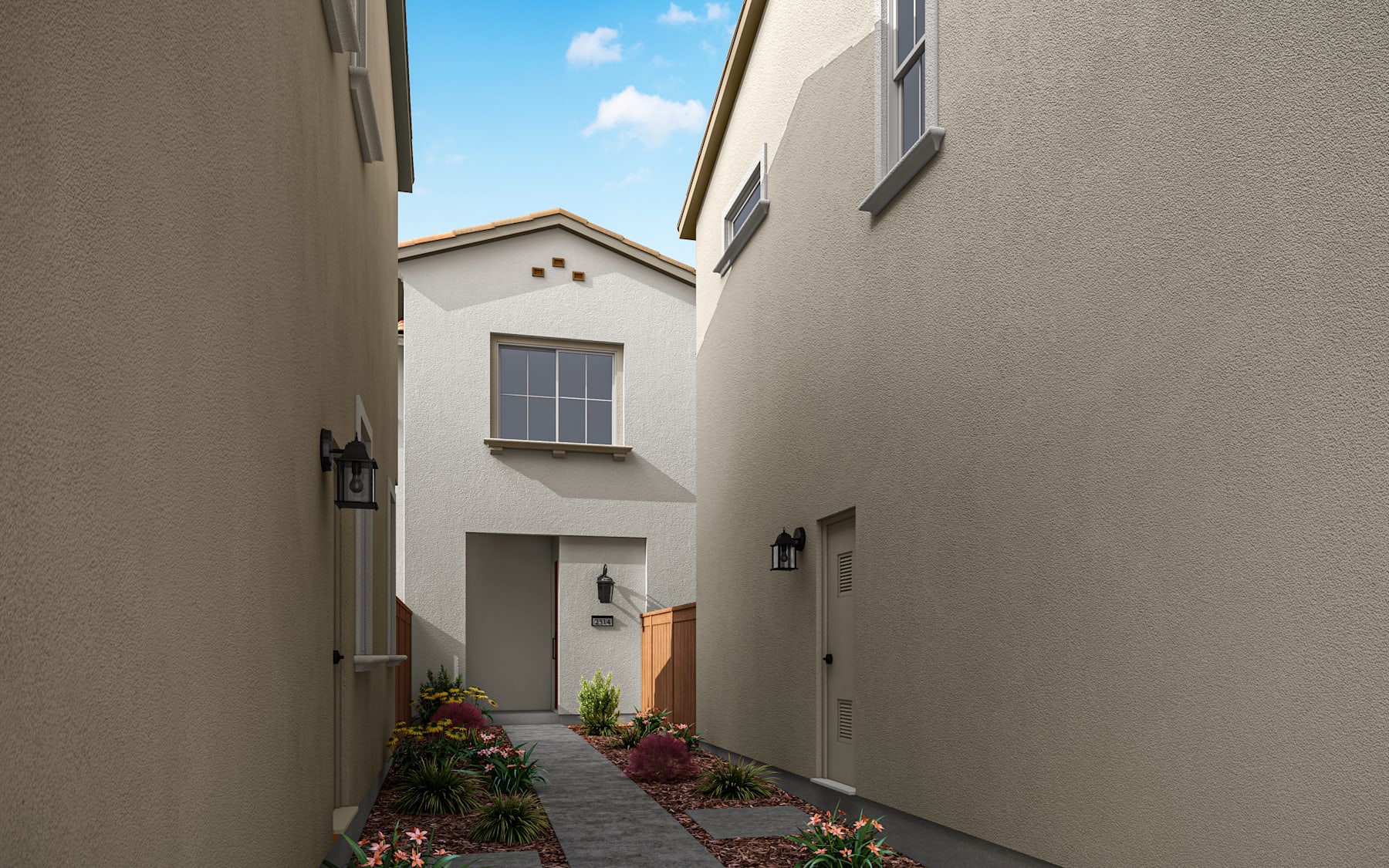 A narrow alleyway with a paved walkway, surrounded by beige-colored buildings with windows and a blue sky with clouds in the background.