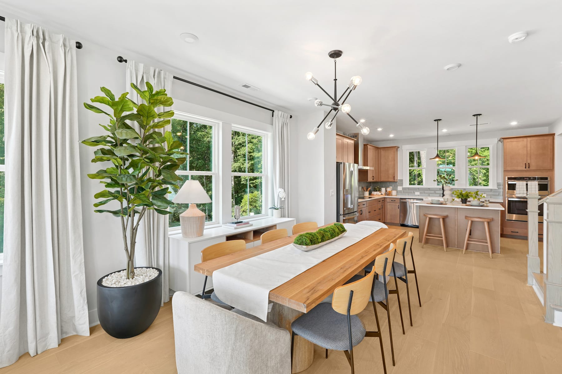 A modern and bright kitchen and dining area with large windows, wooden furniture, and a potted plant adding a touch of greenery to the space.