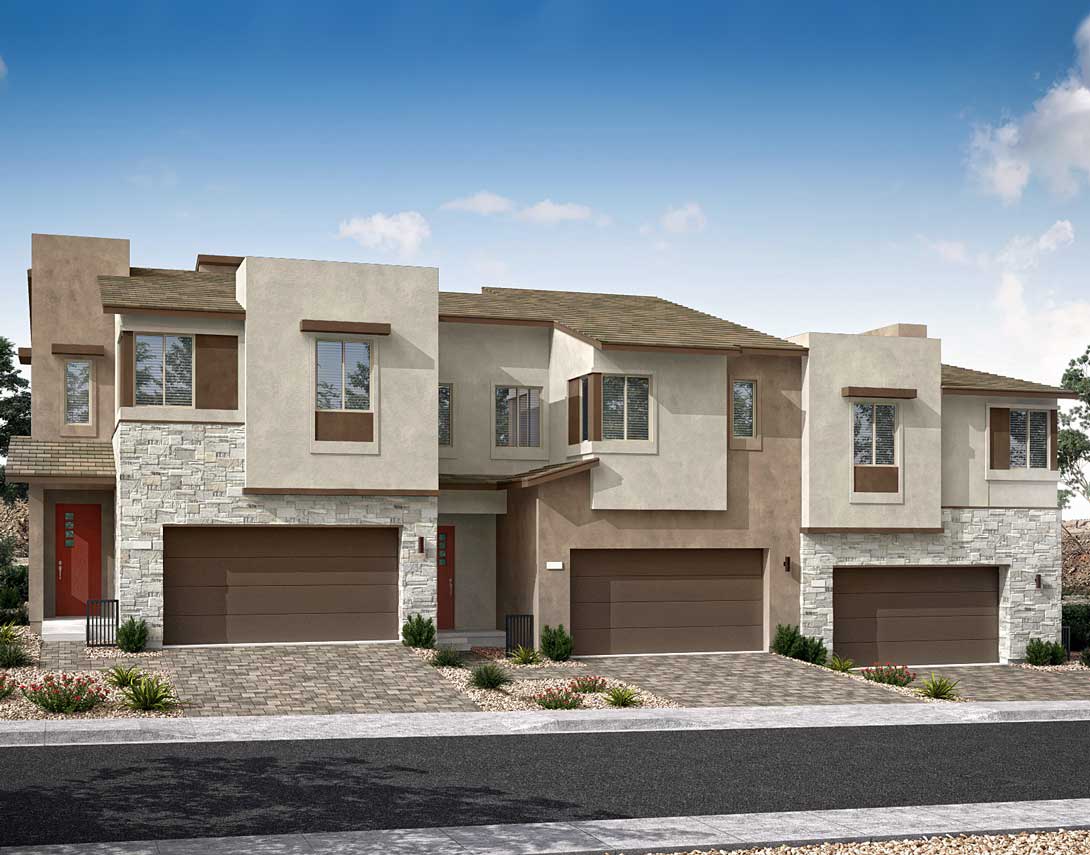 A modern, multi-unit residential building with a stone and stucco exterior, featuring a row of attached townhouses with garages and a clear blue sky in the background.