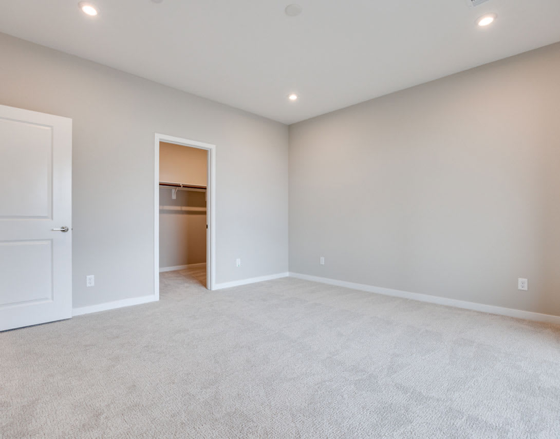 A spacious, well-lit room with a white door leading to a closet and a neutral-colored carpet covering the floor.