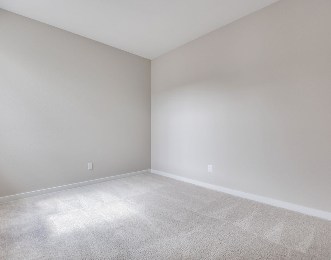 An empty room with white walls and a carpeted floor, creating a clean and minimalist atmosphere.