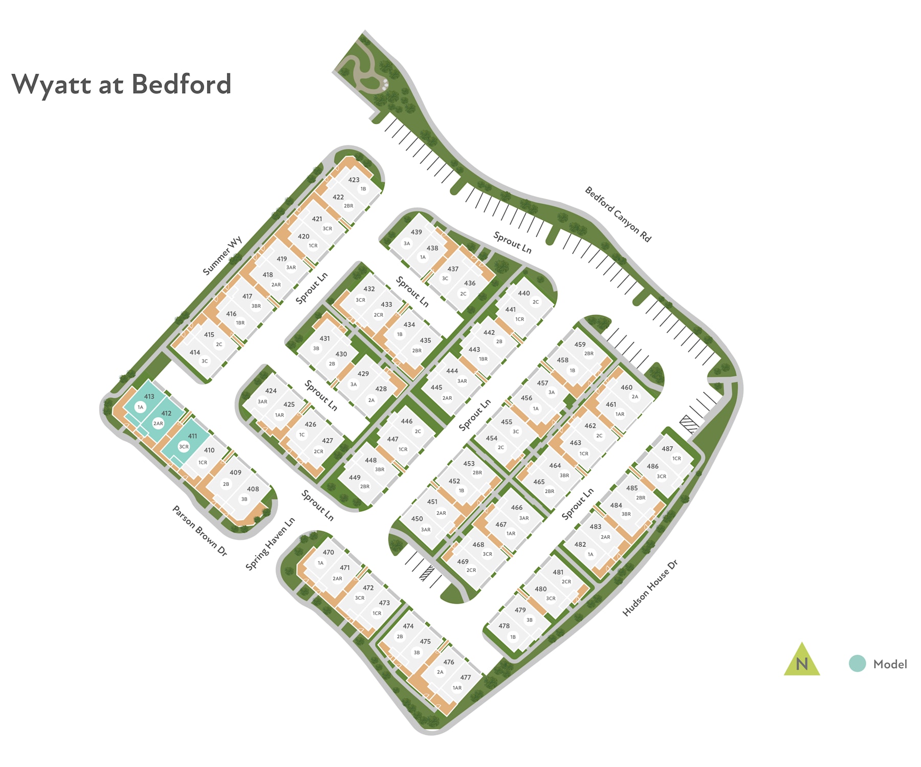 The image appears to be a site plan or layout of a residential development called "Wyatt at Bedford". The foreground shows a grid-like arrangement of residential buildings, with green spaces and pathways interspersed throughout the layout. The background features a natural landscape, possibly hills or mountains, suggesting the development is situated in a scenic location.