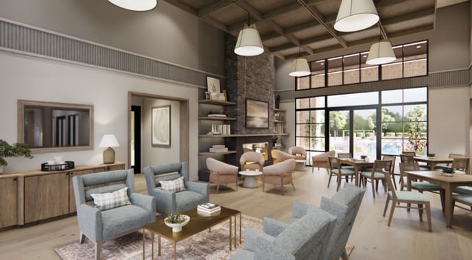 A cozy and inviting living space with a mix of modern and rustic elements, featuring comfortable seating, a dining area, and large windows that allow natural light to flood the room.