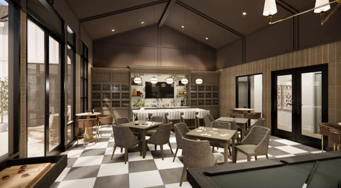 A cozy and well-lit dining area with a high-ceilinged, wooden-beamed interior, featuring a checkered tile floor, plush chairs, and a bar area with shelves displaying various items.