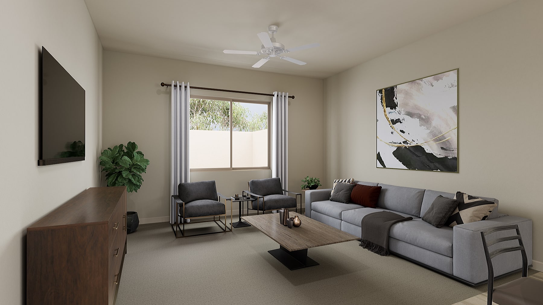 A cozy and modern living room with a gray sectional sofa, a wooden TV stand, and a large abstract artwork on the wall.