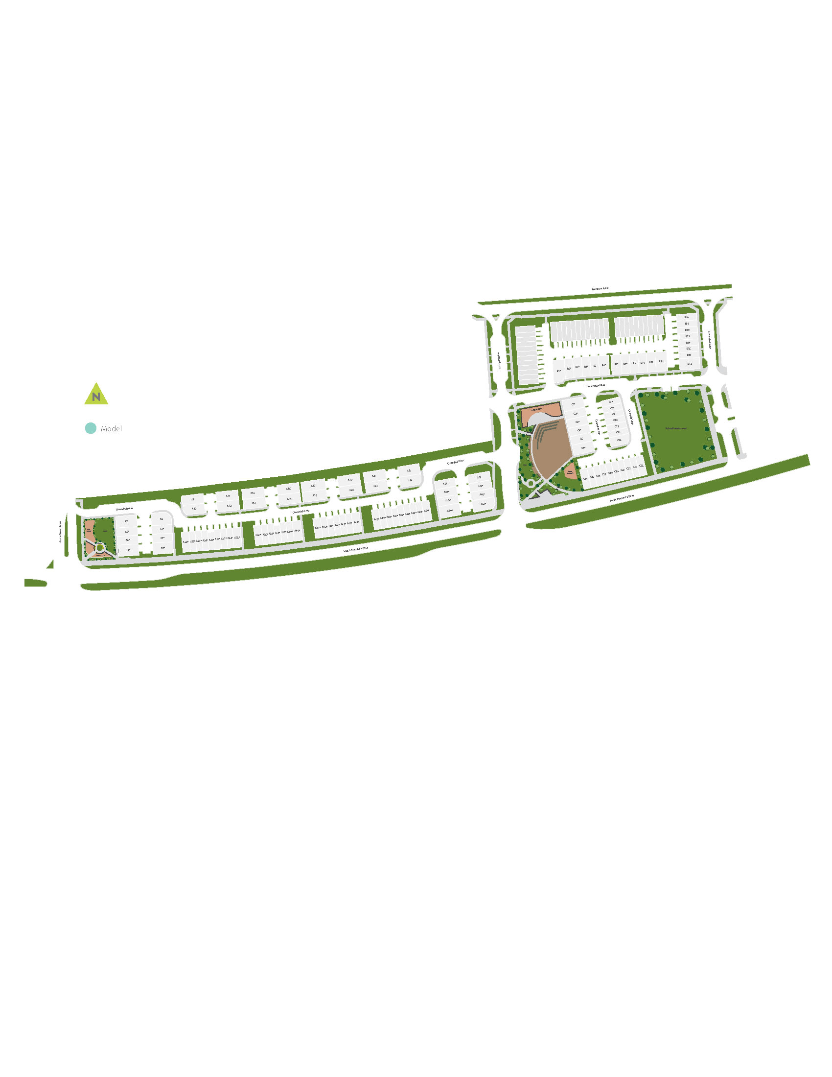 The image appears to be an architectural site plan or layout, featuring a series of rectangular structures arranged in a linear fashion, with green spaces and landscaping elements interspersed throughout the design.