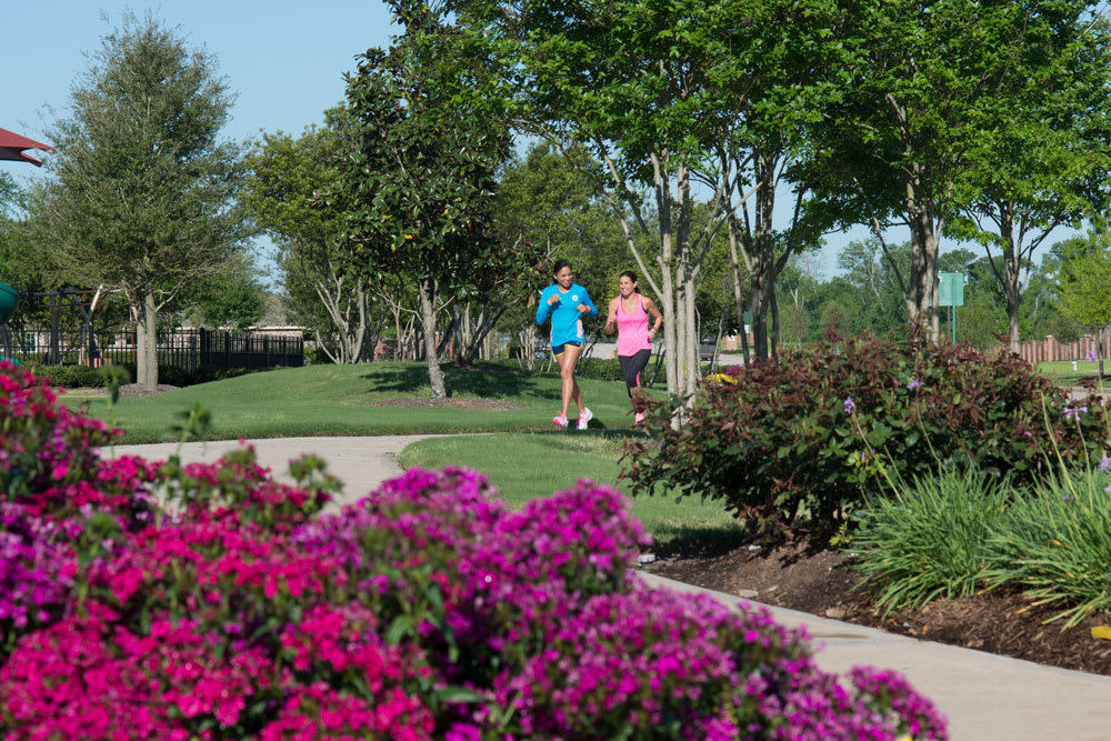 A lush, vibrant garden with blooming pink flowers in the foreground, surrounded by a paved walkway and trees, with two people walking in the background.