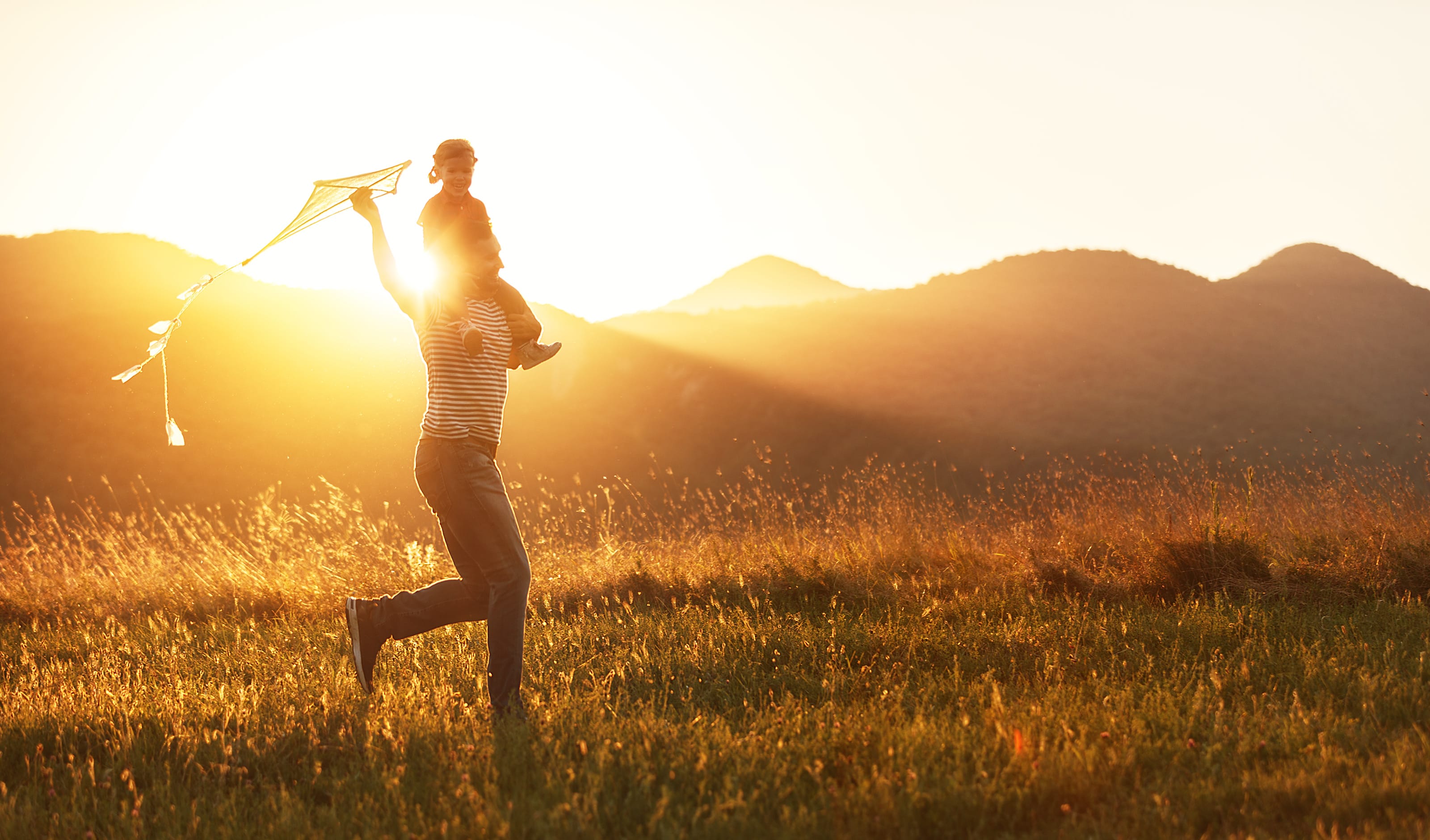 A person stands in a field of tall grass, silhouetted against a backdrop of mountains and a warm, golden sunset.