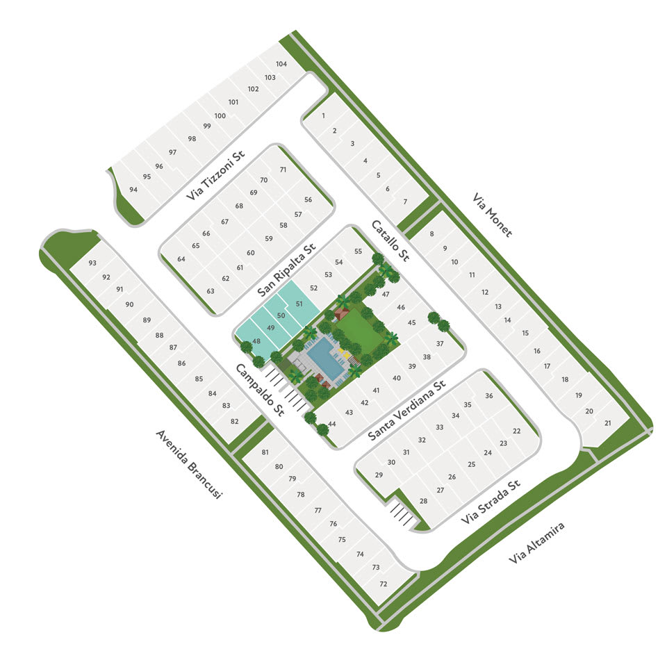 A detailed site plan or layout of a residential or commercial development, featuring various sections and structures arranged in a grid-like pattern, surrounded by green spaces and landscaping elements.