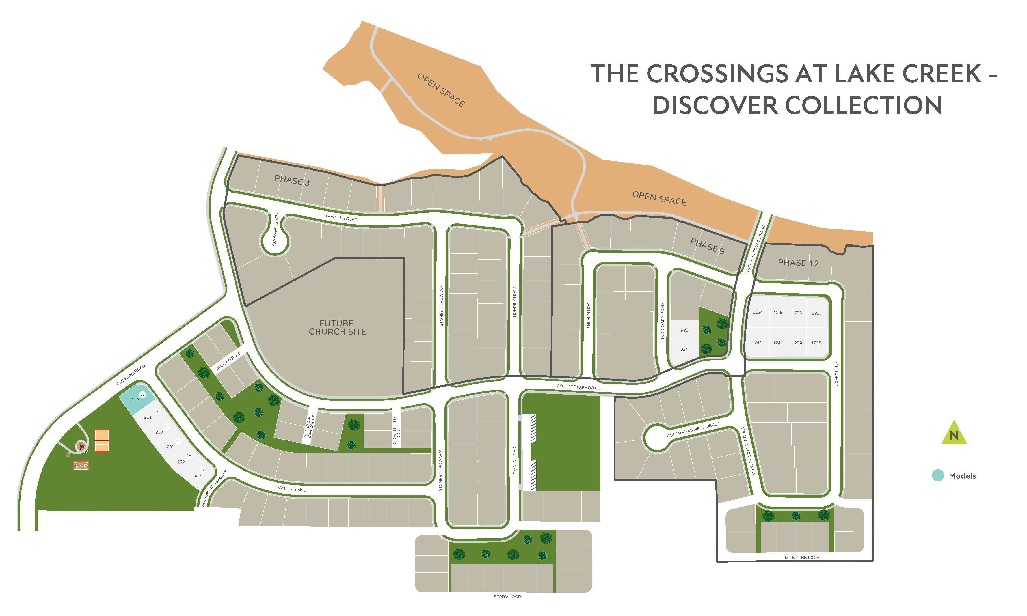The image is a map of a residential development called "The Crossings at Lake Creek - Discover Collection", showcasing the layout of the various buildings, roads, and green spaces within the community.