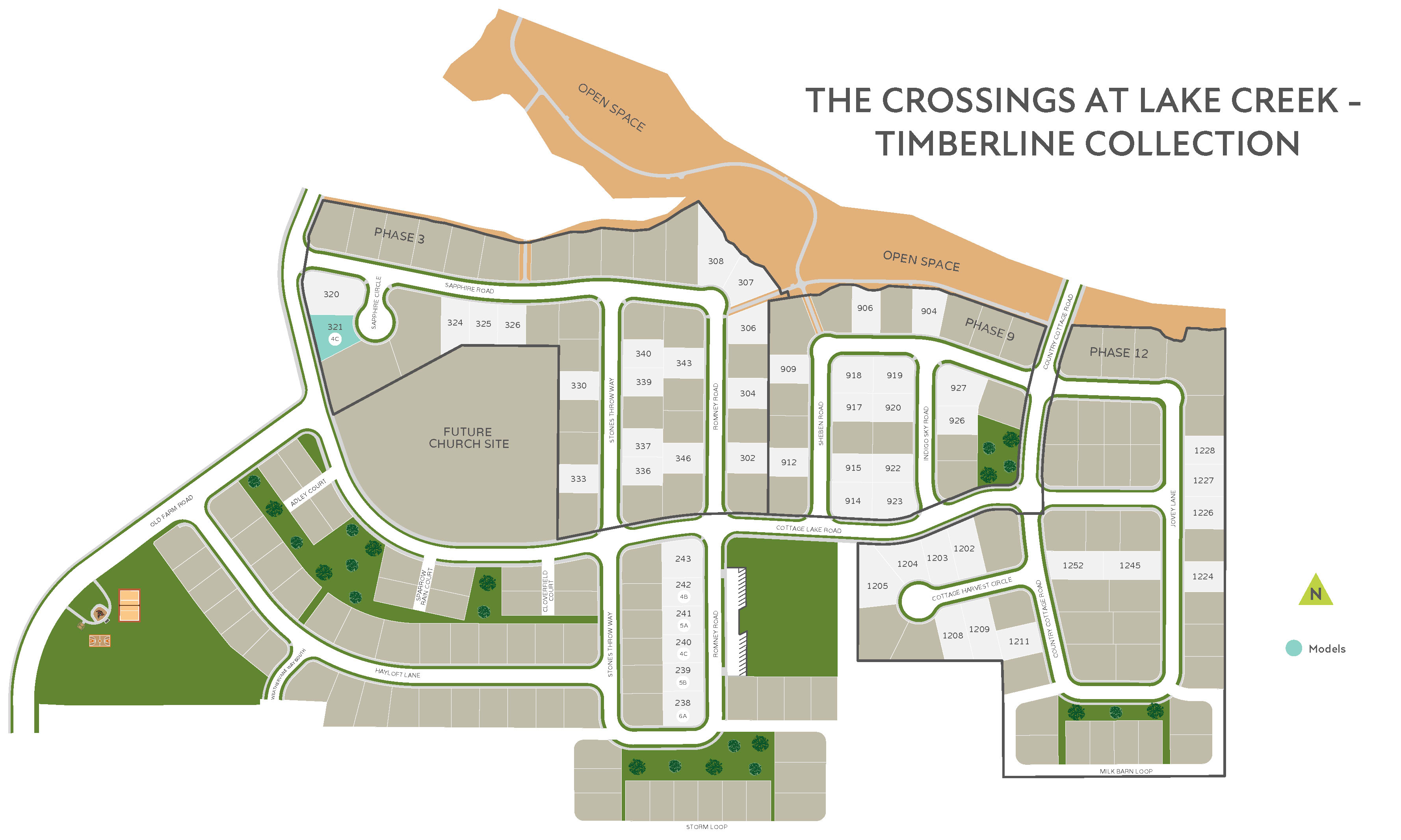 The image is a map of a residential development called "The Crossings at Lake Creek - Timberline Collection", showcasing the layout of the neighborhood with various buildings, streets, and green spaces.