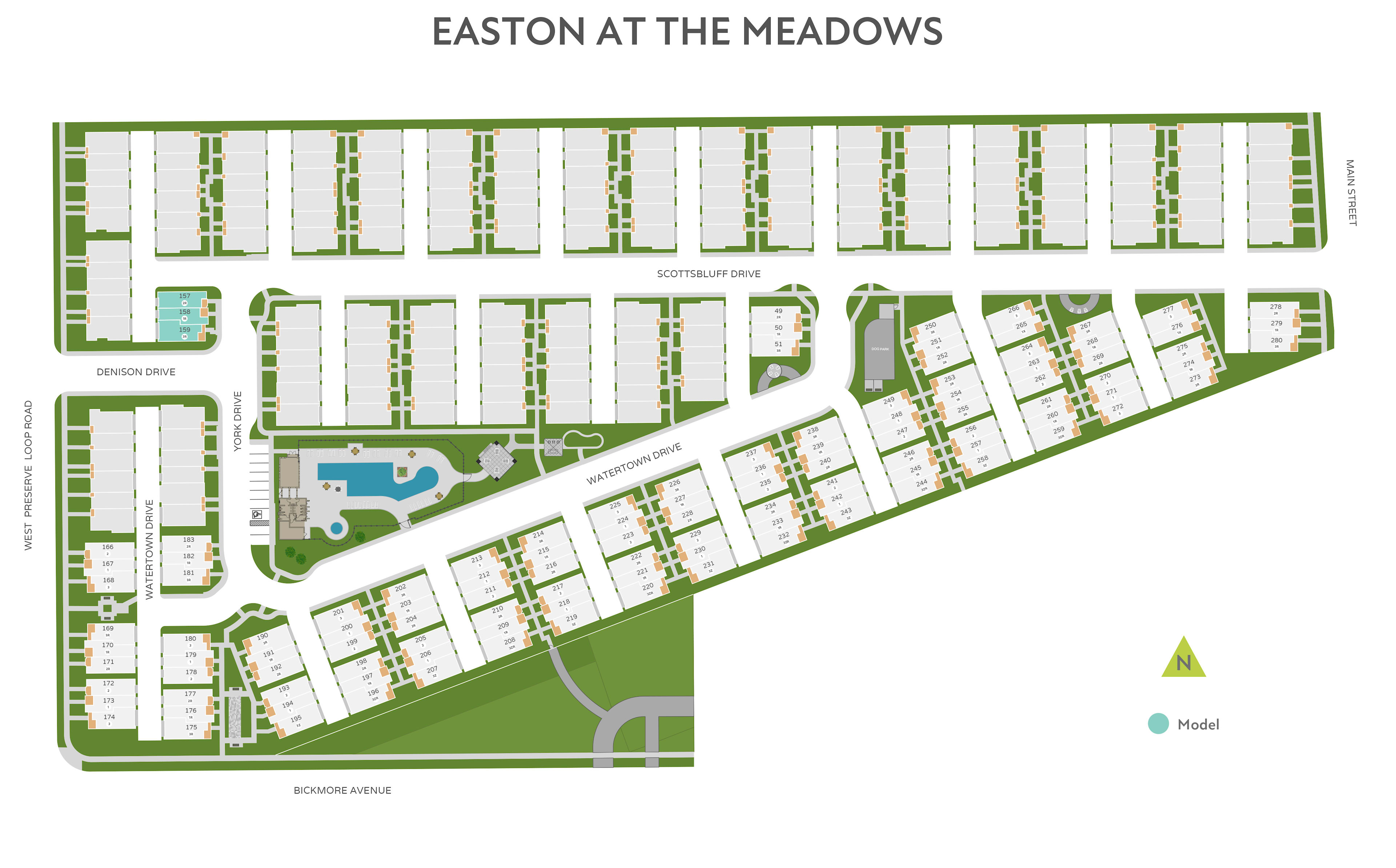The image appears to be a map or layout of a residential development called "Easton at the Meadows". It shows a grid-like arrangement of residential lots, with green spaces and a central road running through the development.