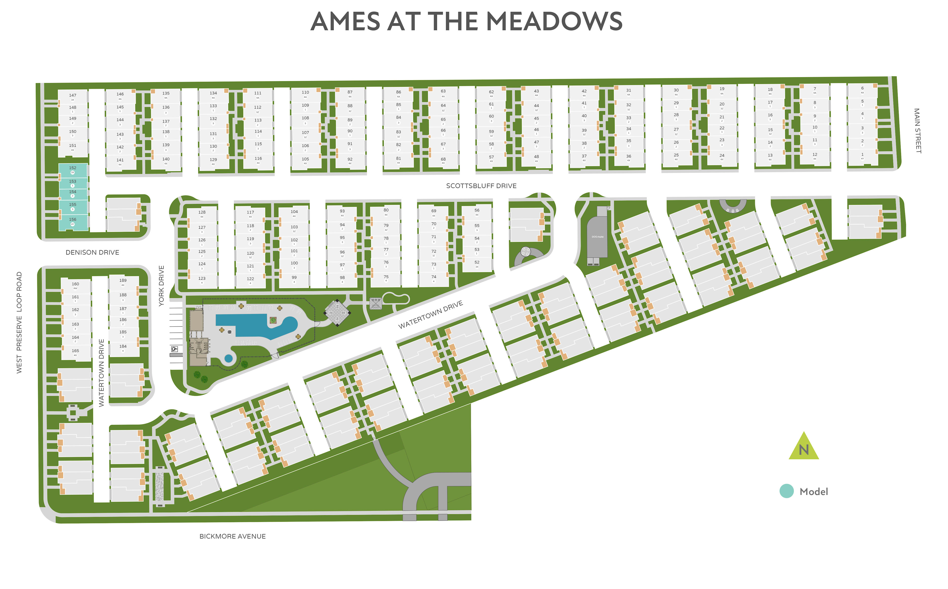 The image appears to be a map or layout of a residential development called "Ames at the Meadows". It shows a grid-like arrangement of residential lots, with green spaces and a pool area visible in the background.