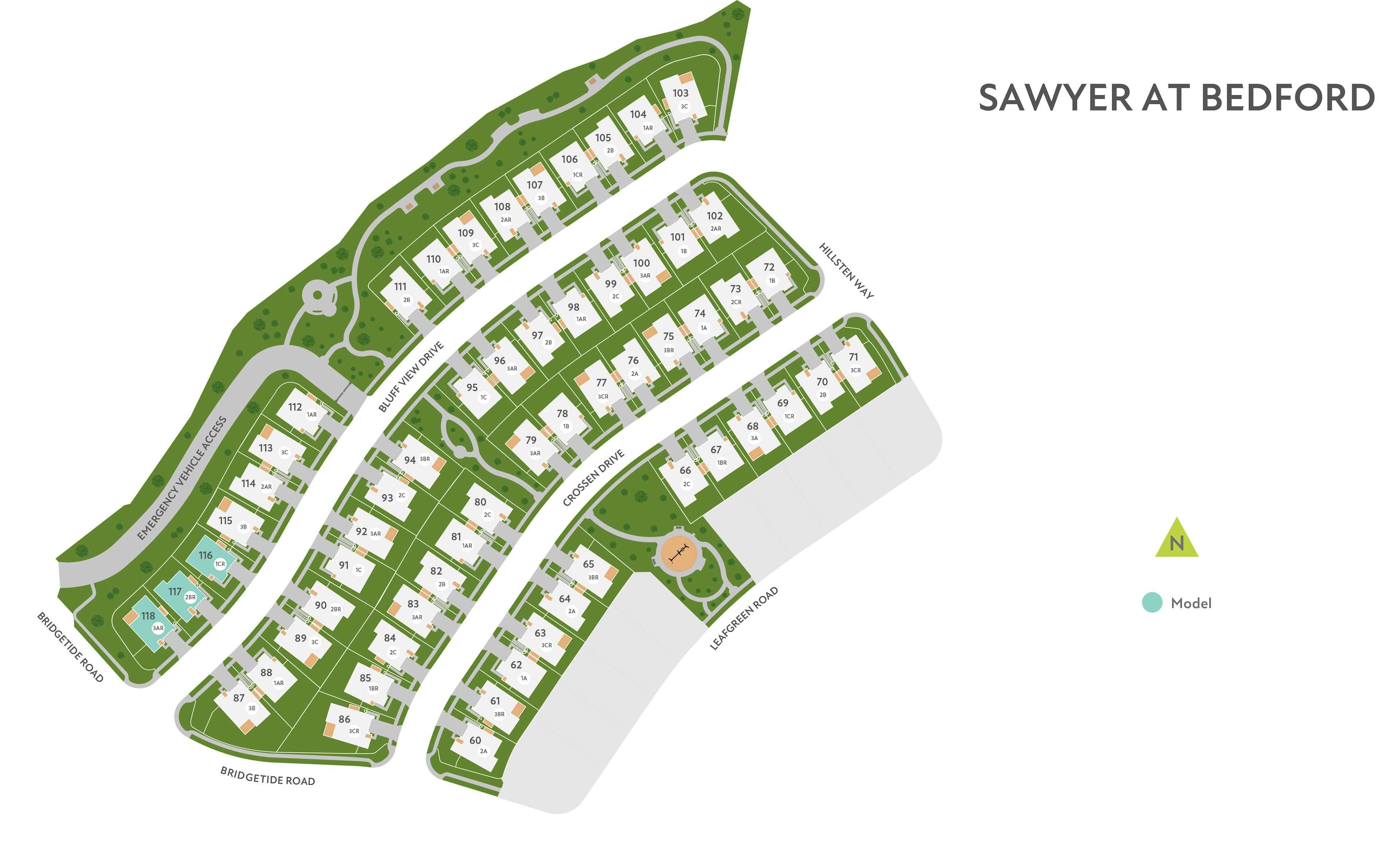 The image appears to be a map or layout of a residential area called "Sawyer at Bedford", featuring rows of houses or buildings arranged in a curved pattern, surrounded by green spaces and a body of water.
