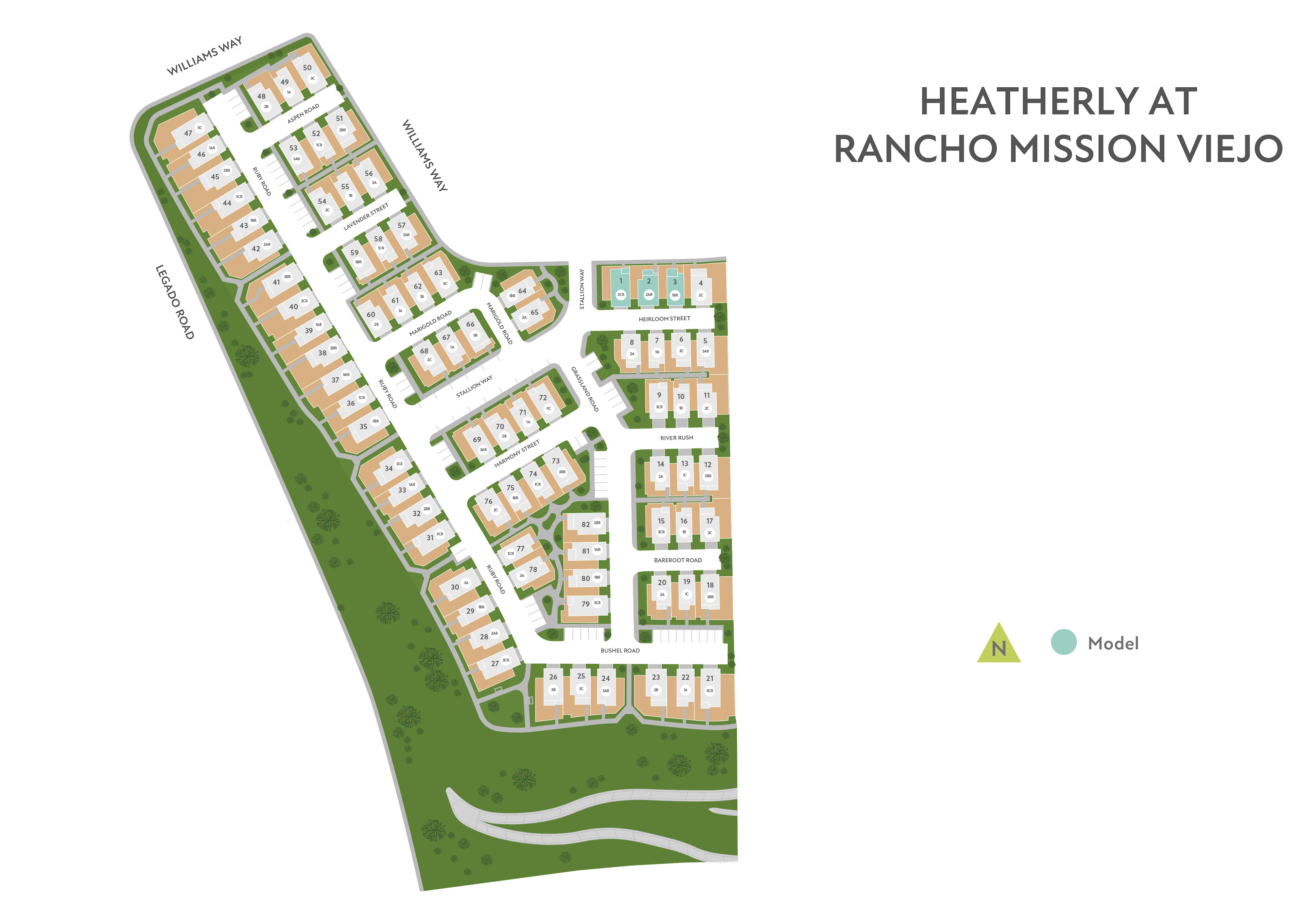 The image appears to be a site plan or layout for a residential development called "Heatherly at Rancho Mission Viejo". The foreground shows a grid of residential lots, while the background features a green, natural landscape.