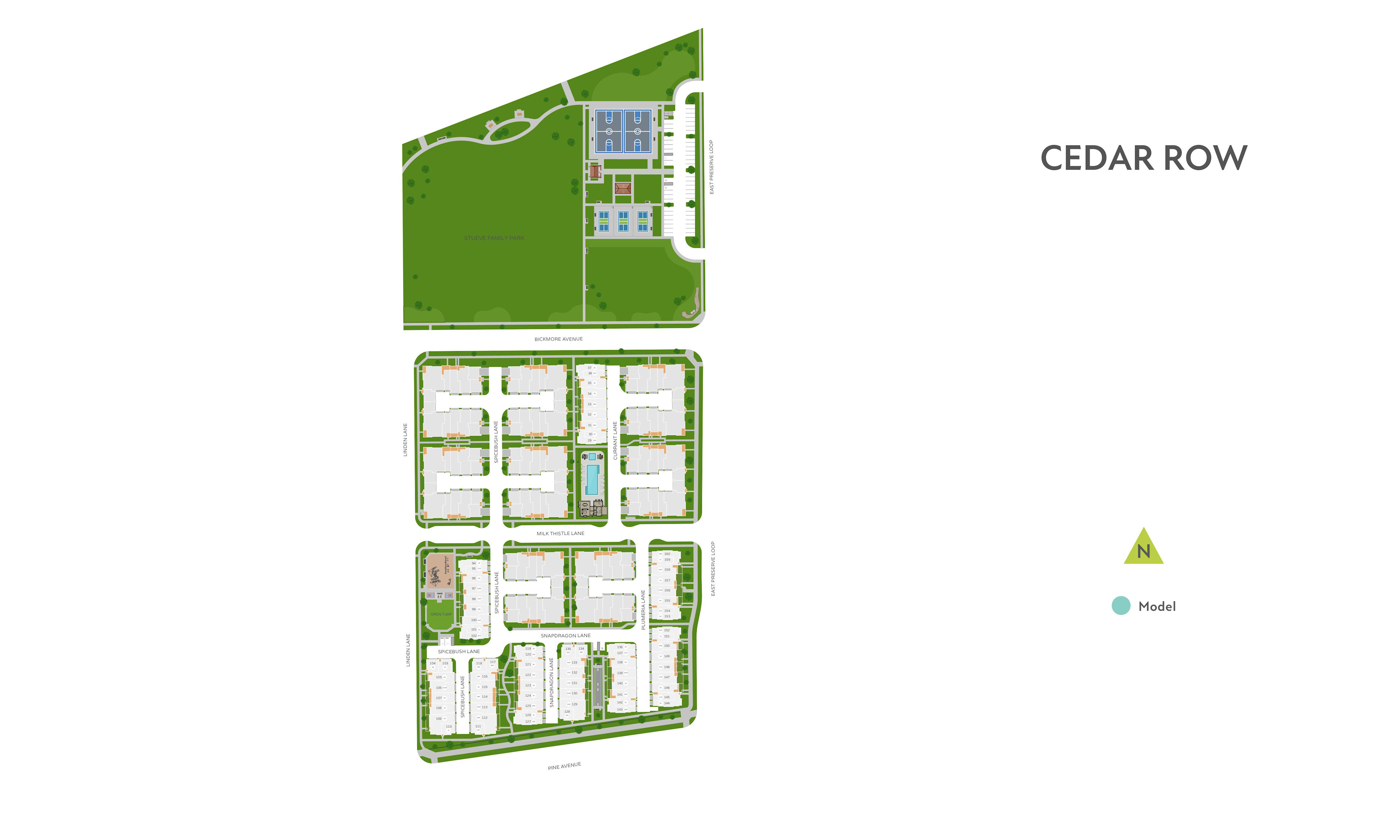 The image appears to be a site plan or layout for a residential development called "Cedar Row". It shows a grid of residential units, with green spaces and roads surrounding the development.
